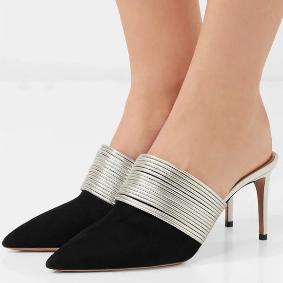 Aquazzura Firenze Black Silver Rendez Vous Suede Leather Mule Heels 40.5 US/10.5 - Picture 1 of 13